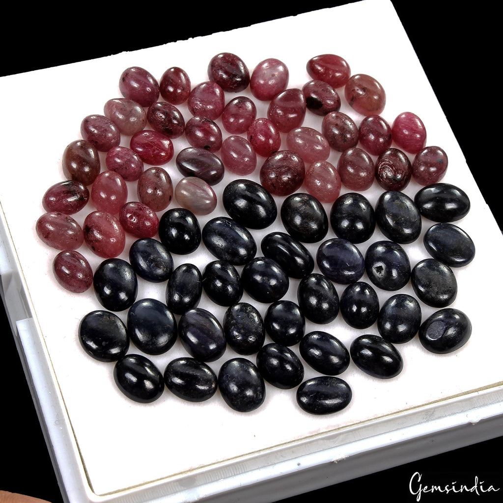 195.00 Ct Natural Red Ruby Blue Sapphire Oval Cab Jewelry Kind Gems Lot 70 Pcs