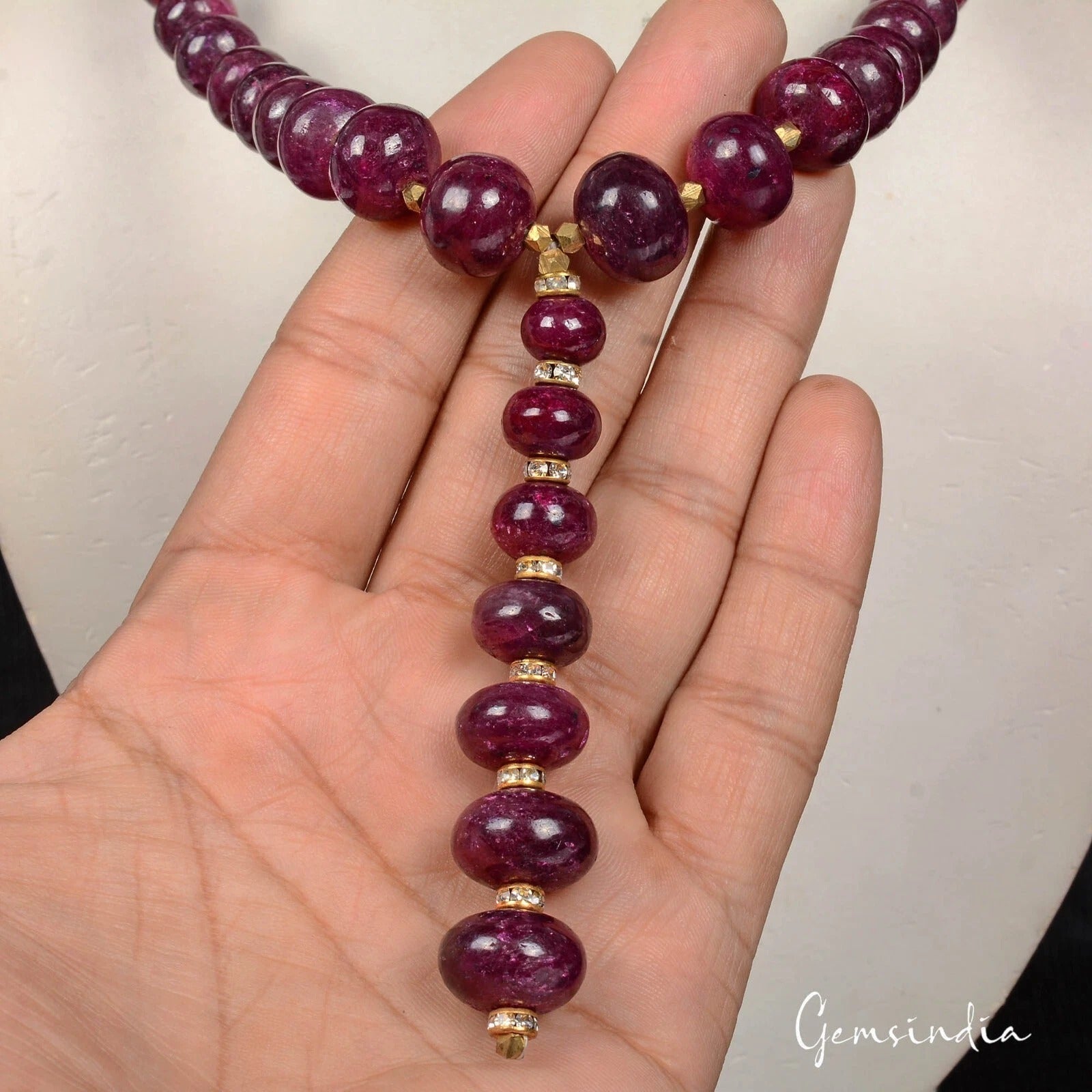 17" Natural Red Ruby Round Cabochon Gem Beaded Handmade Designer Women Necklace