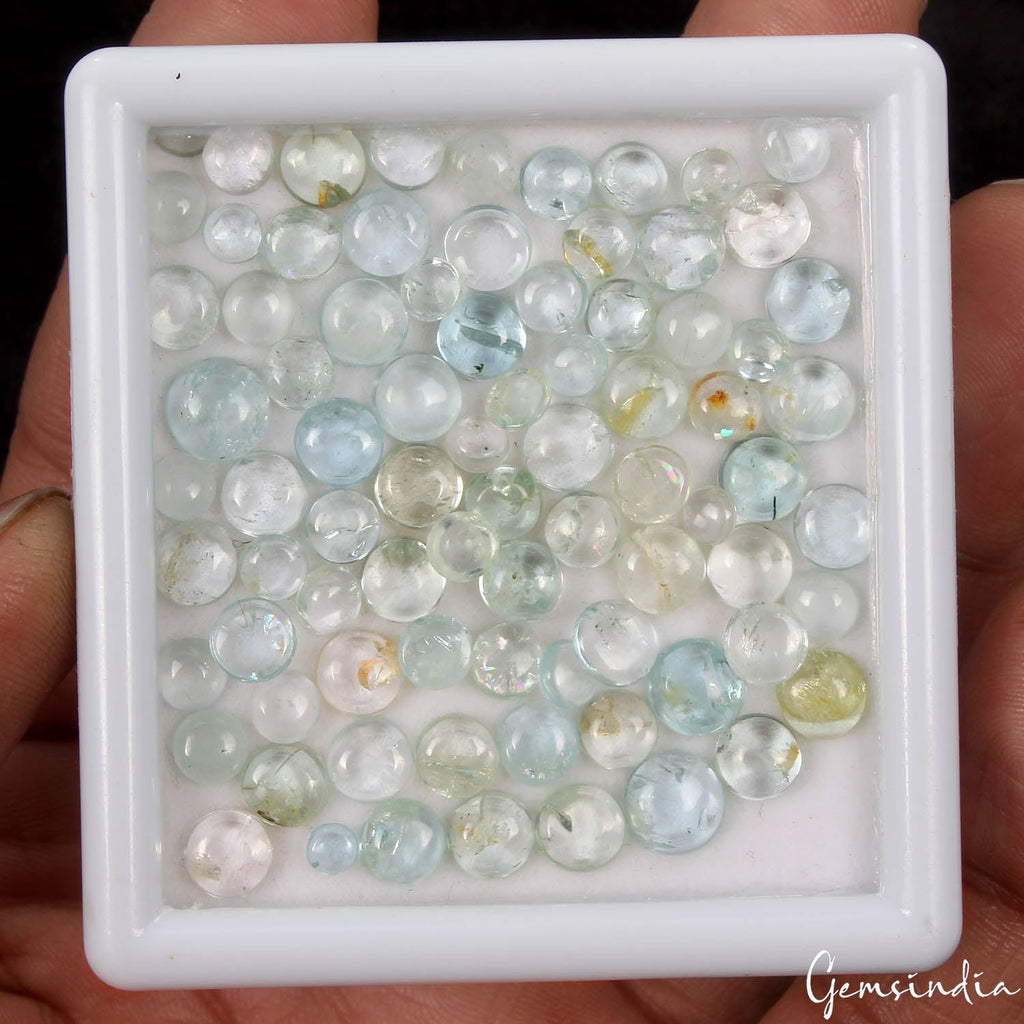 82 Pcs Blue Green Aquamarine Round Cab 3mm-7mm Loose Unheated Gemstones~56.70 Ct