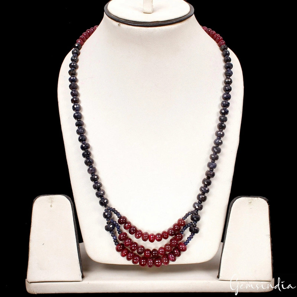 550 Cts Natural Blue Sapphire Red Ruby Round Cab Beaded Handmade Necklace 24"