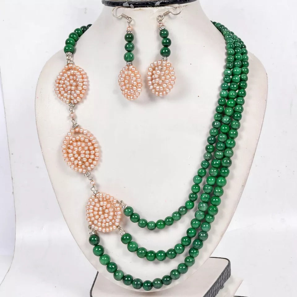 580 Ct Natural Emerald Pearl Rondelle Bead Handmade Designer Necklace w/Earrings