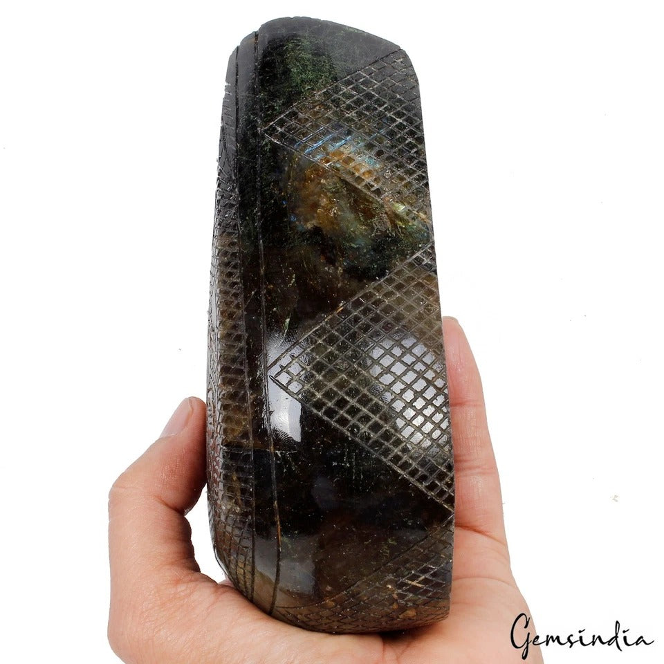 1.6 kg Natural Labradorite Carving Huge Teardrop Crystal Floral Etched Decor Gem