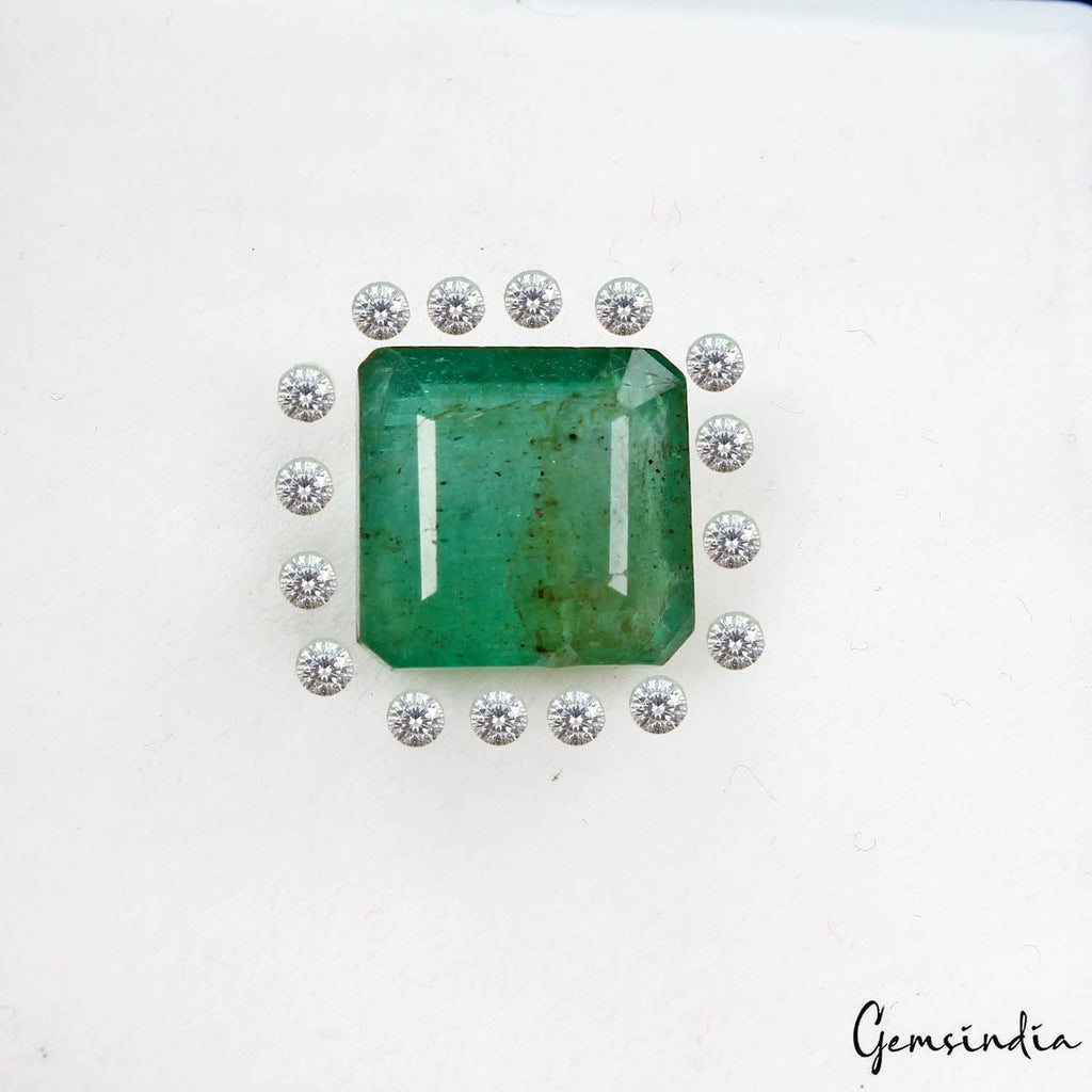 4.40 Ct Natural Green Emerald Octagon Cut & 16 White Round Diamonds 1.5mm Set