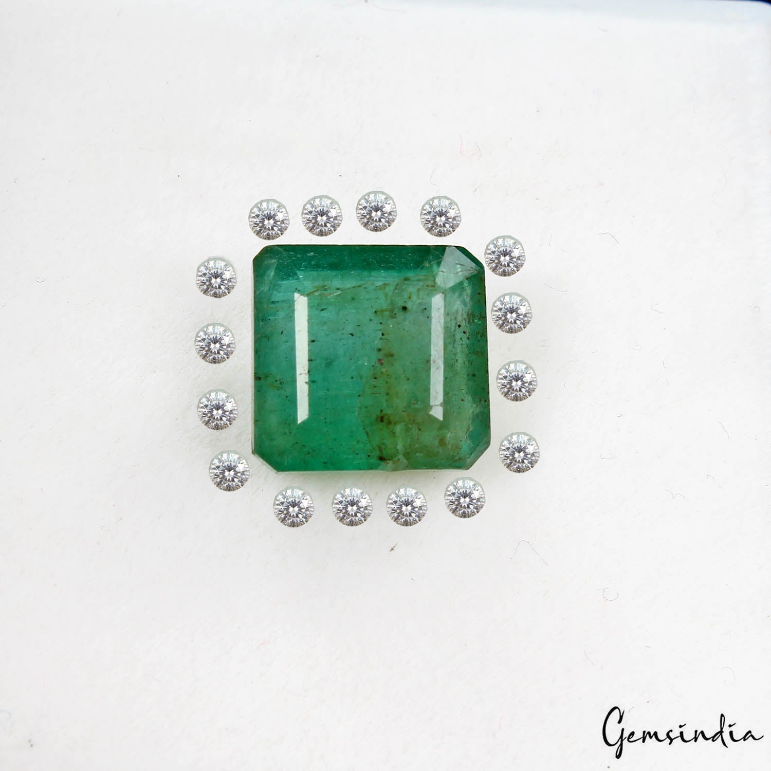 4.40 Ct Natural Green Emerald Octagon Cut & 16 White Round Diamonds 1.5mm Set