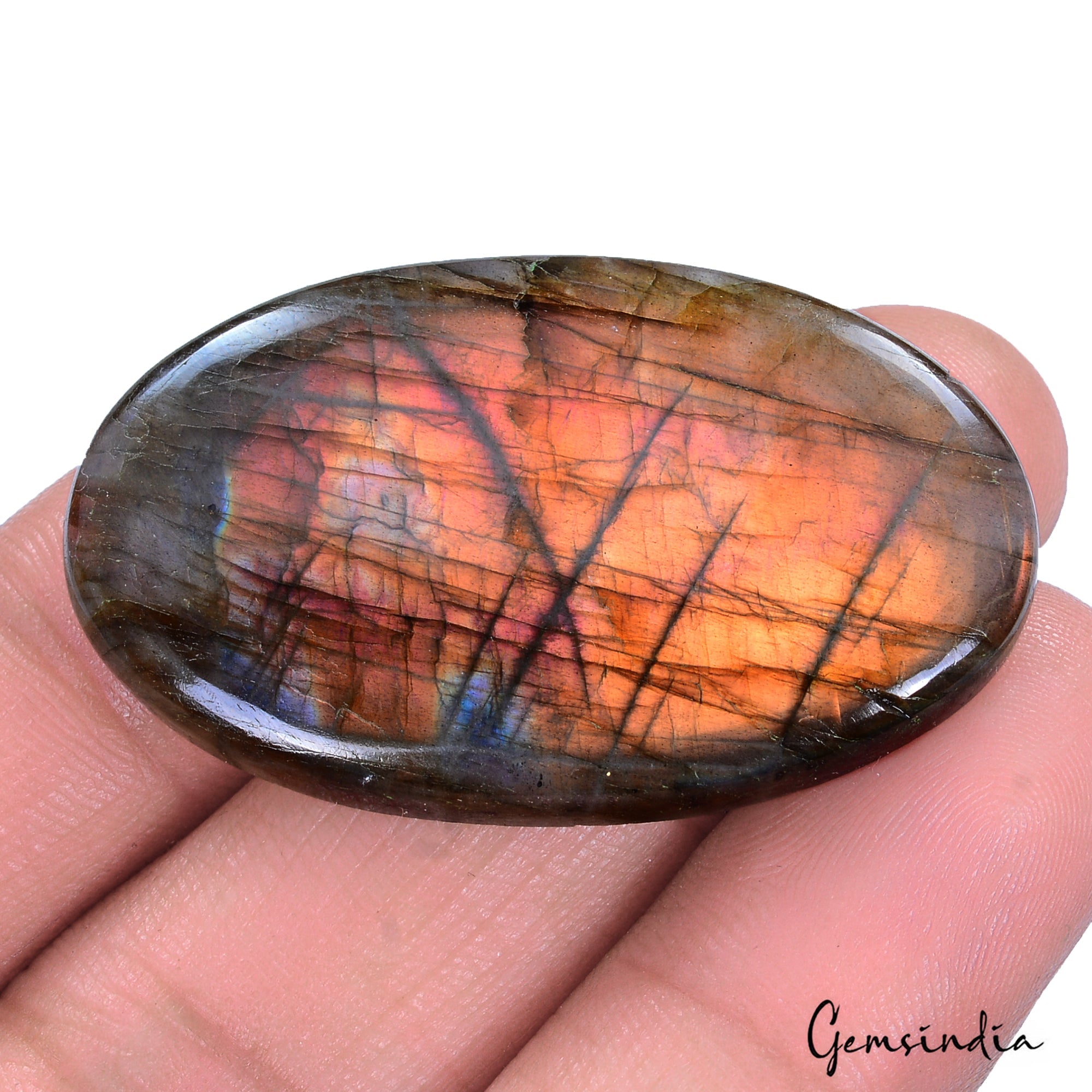 58.70 Ct Natural Peach Pink Yellow Labradorite Oval Cab Certified Loose Gems