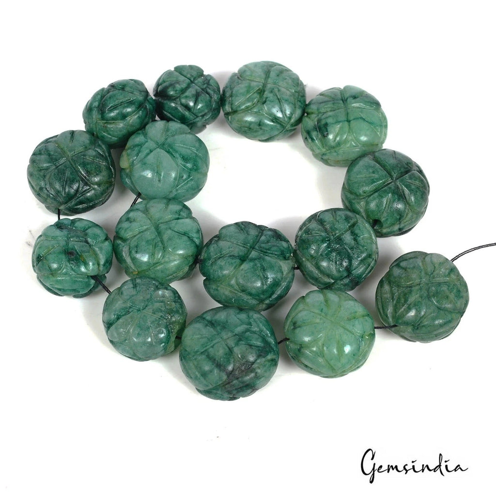 Natural Green Emerald Melon Carved Drilled Beads 340 Ct Loose Gemstones 15 Pcs
