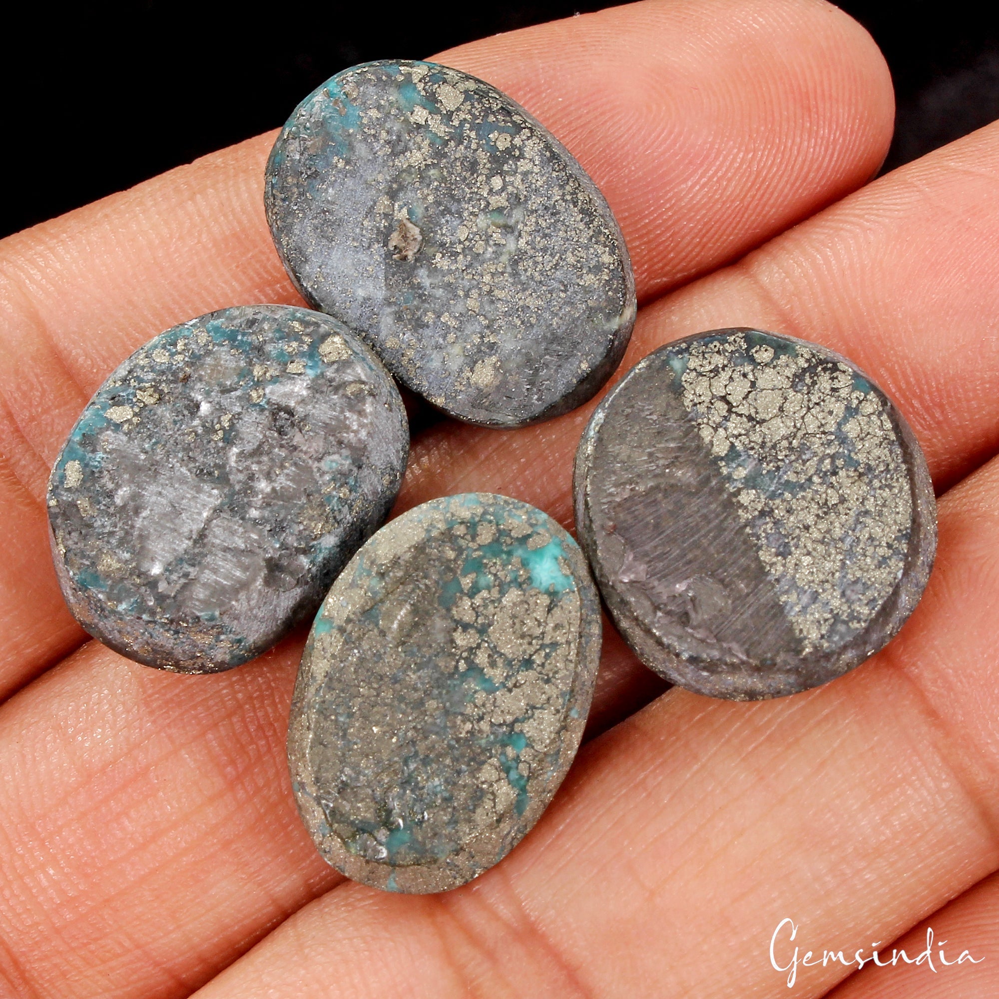 4 Pcs Untreated Turquoise Cabochons, Natural Color, Hand Cut Copper Bearing Gems