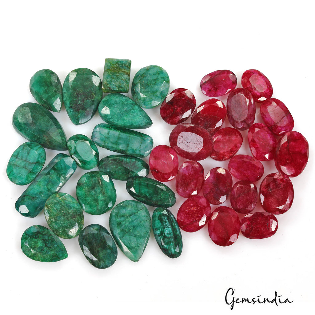 720 Cts/37 Pcs Natural Red Beryl Green Emerald Mixed Cut Loose Gems For Jewelry