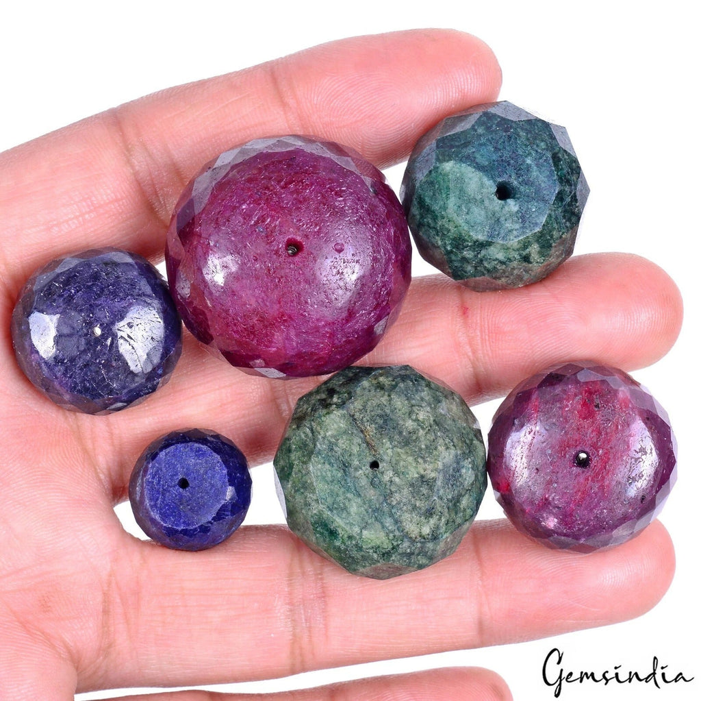 647 Ct/6 Pc Natural Ruby Emerald Sapphire Round Cut Loose Drilled Gemstone Beads