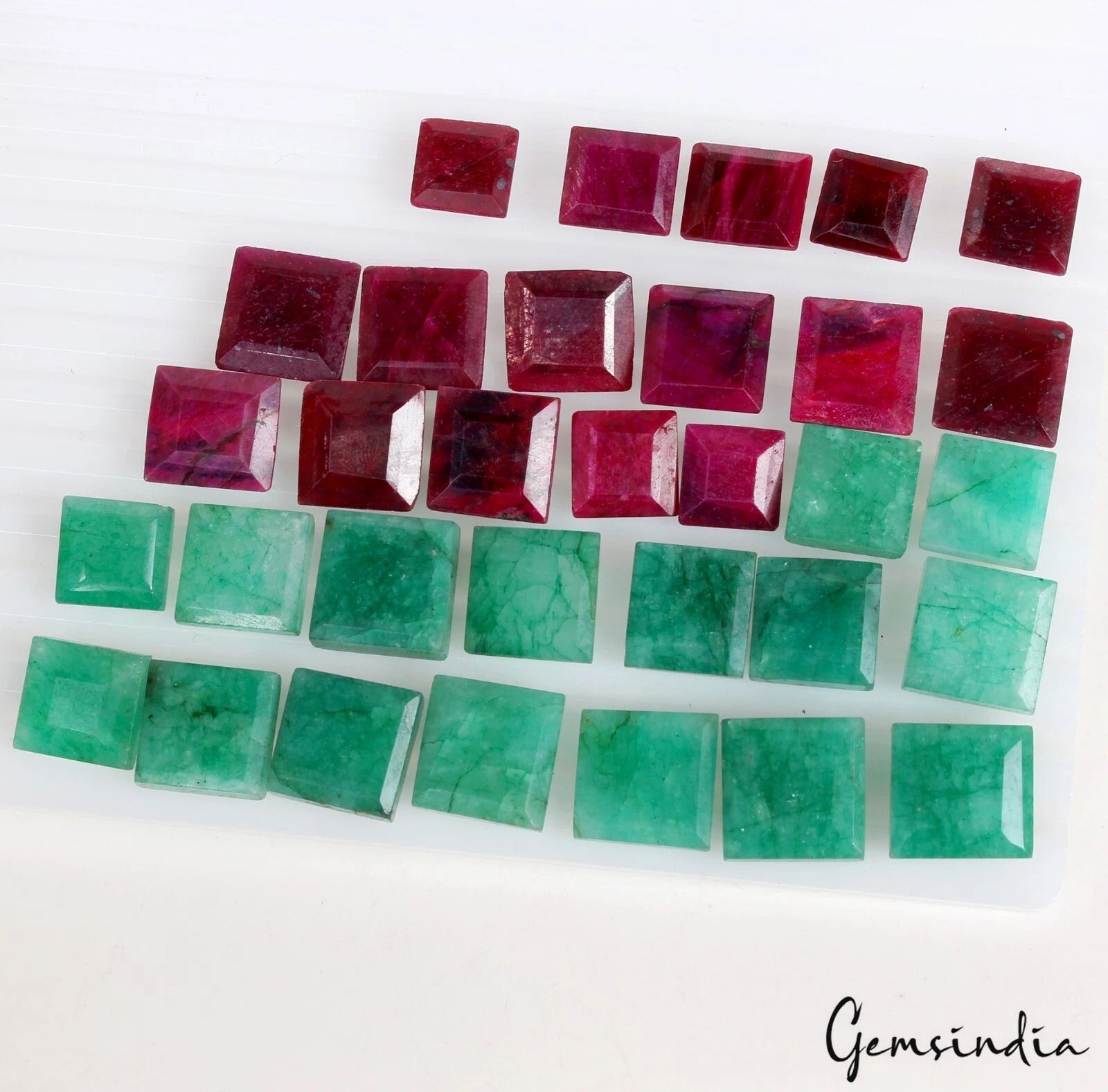 Emerald Lot, Loose Gemstone, Square Cut, Color Enhanced — 32 Pieces, 11mm to 16mm, 550 Ct, Brazil