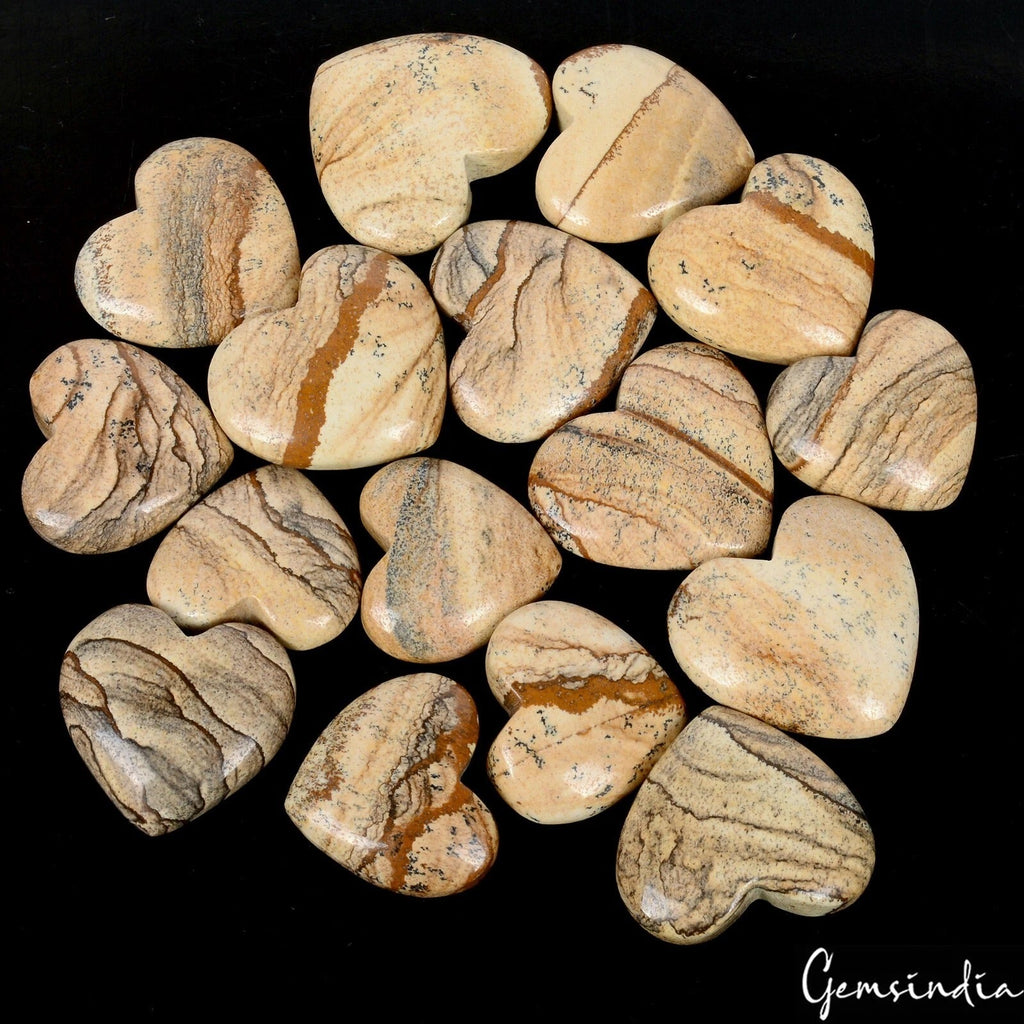 720 Cts/16 Pcs Natural Picture Jasper 23mm-27mm Heart Shape Loose Cab Gems Lot