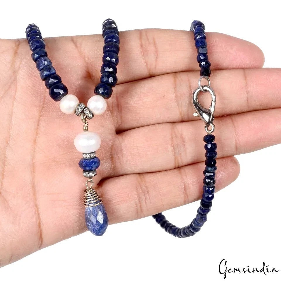195.00 Ct Natural Blue Sapphire Round Beaded Single Line Handmade Necklace 19"