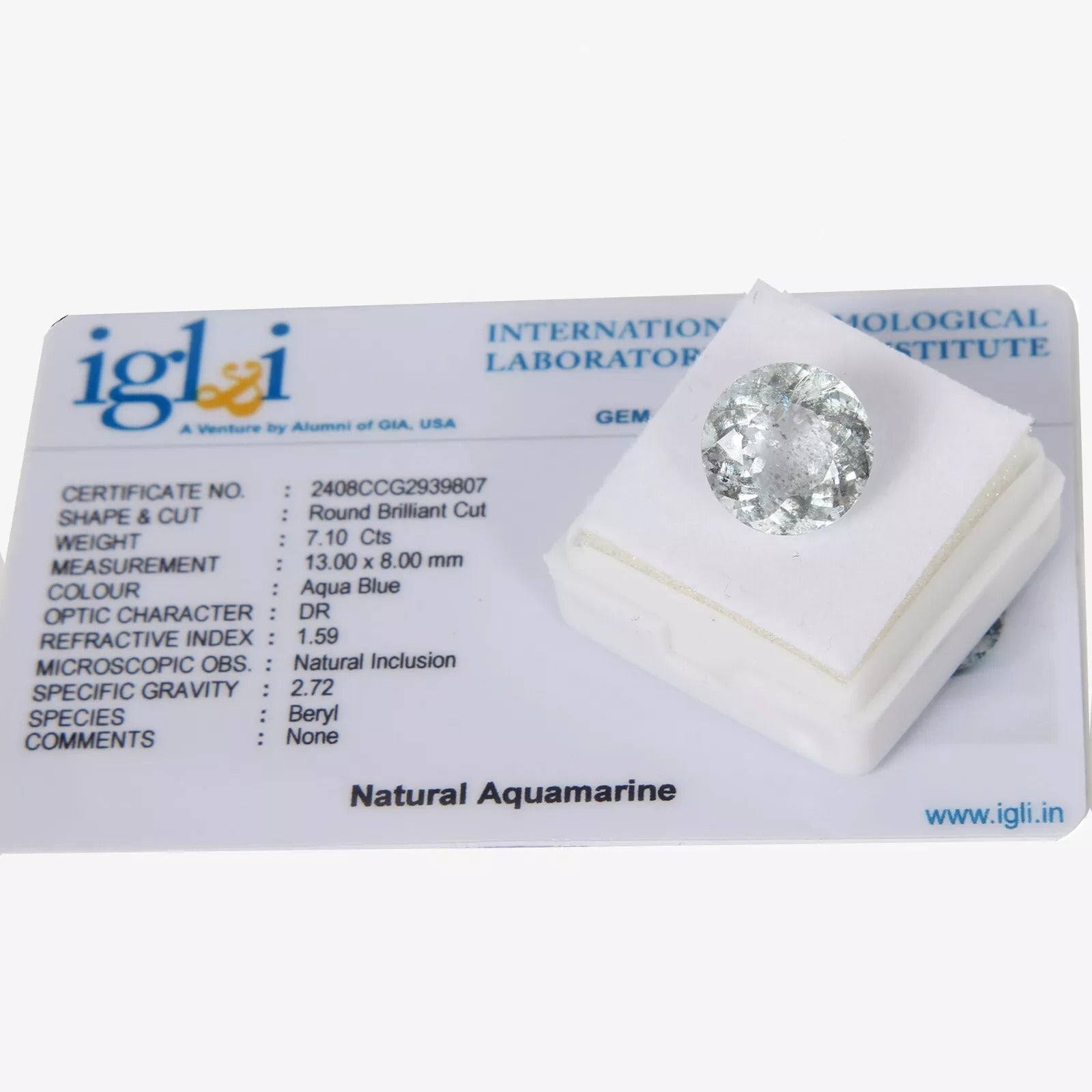 Natural Blue Aquamarine 7.10 Cts IGL&I Certified Loose 13mm Round Cut Gemstone