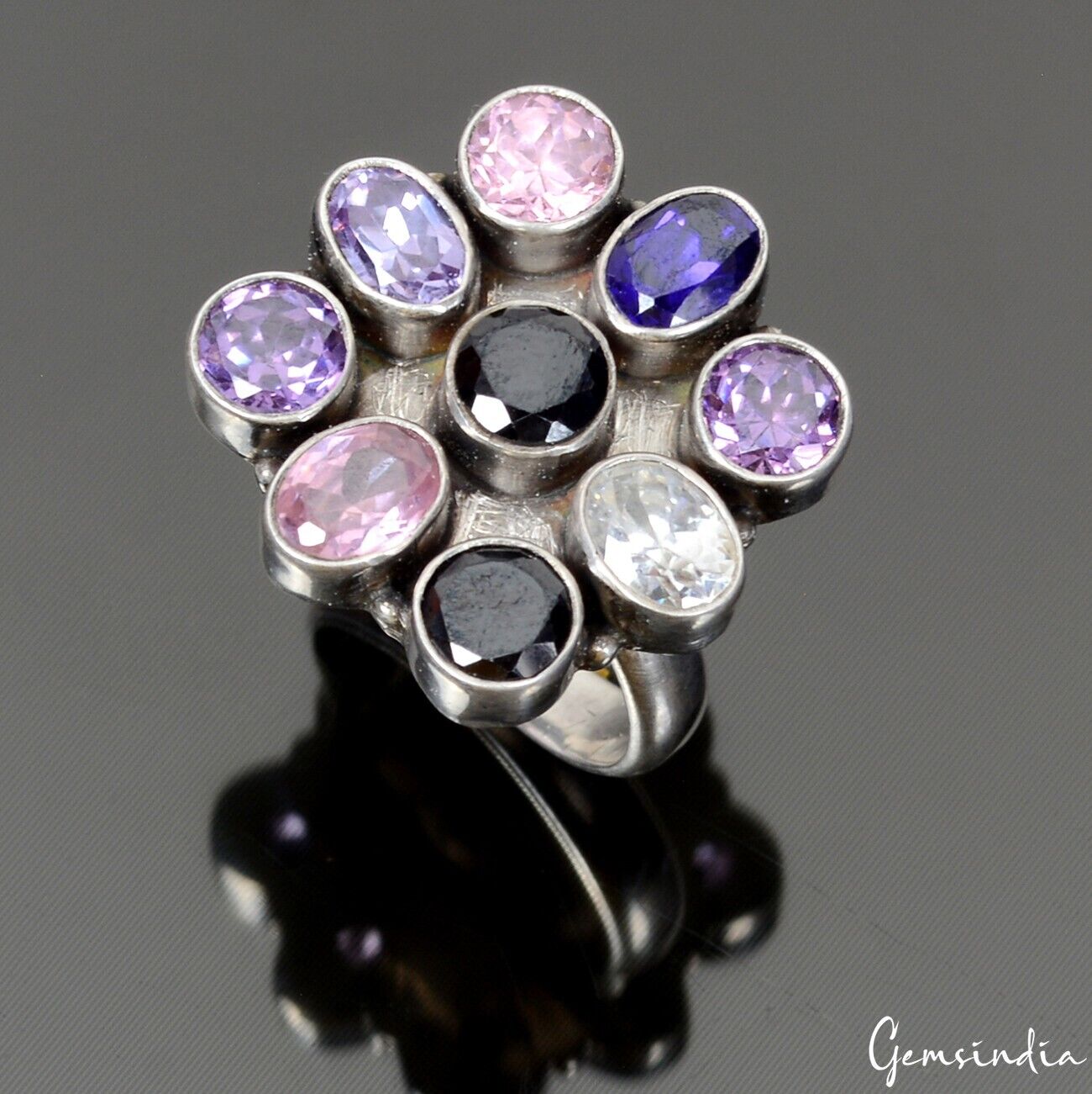925 Sterling Silver Multi Color Cubic Zirconia Flower Motif Cocktail Ring~8.5 US