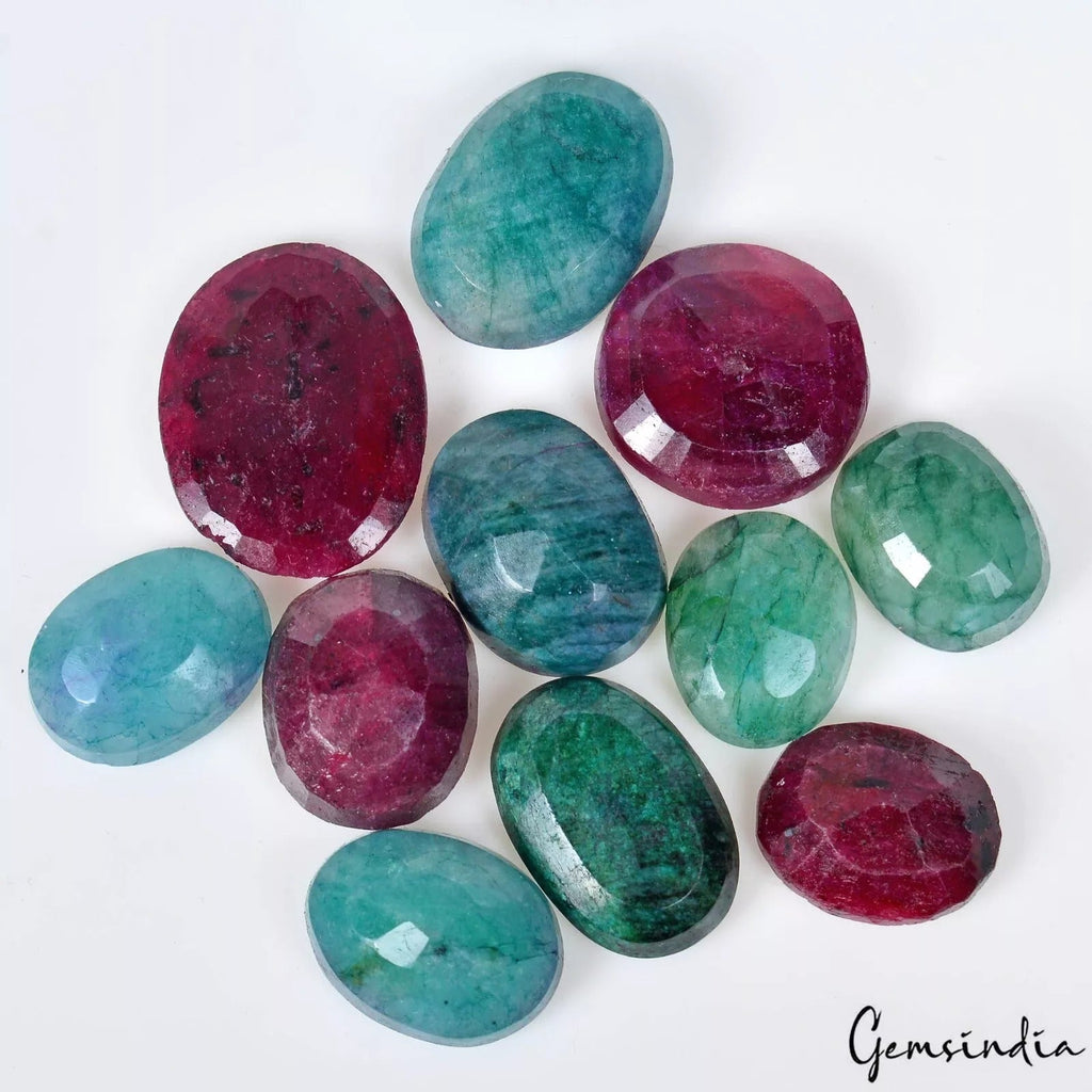 290 Ct/11 Pcs Natural Red Ruby Green Emerald Oval Cut Loose Gems Lot For Jewelry