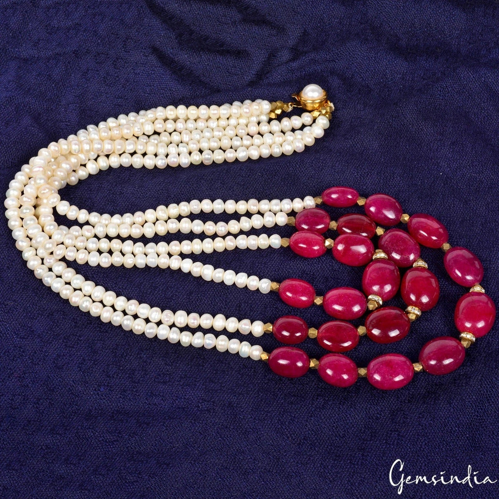 Handmade Freshwater Pearl & Red Quartz Gems Beads 3 Strand Designer Necklace 21"