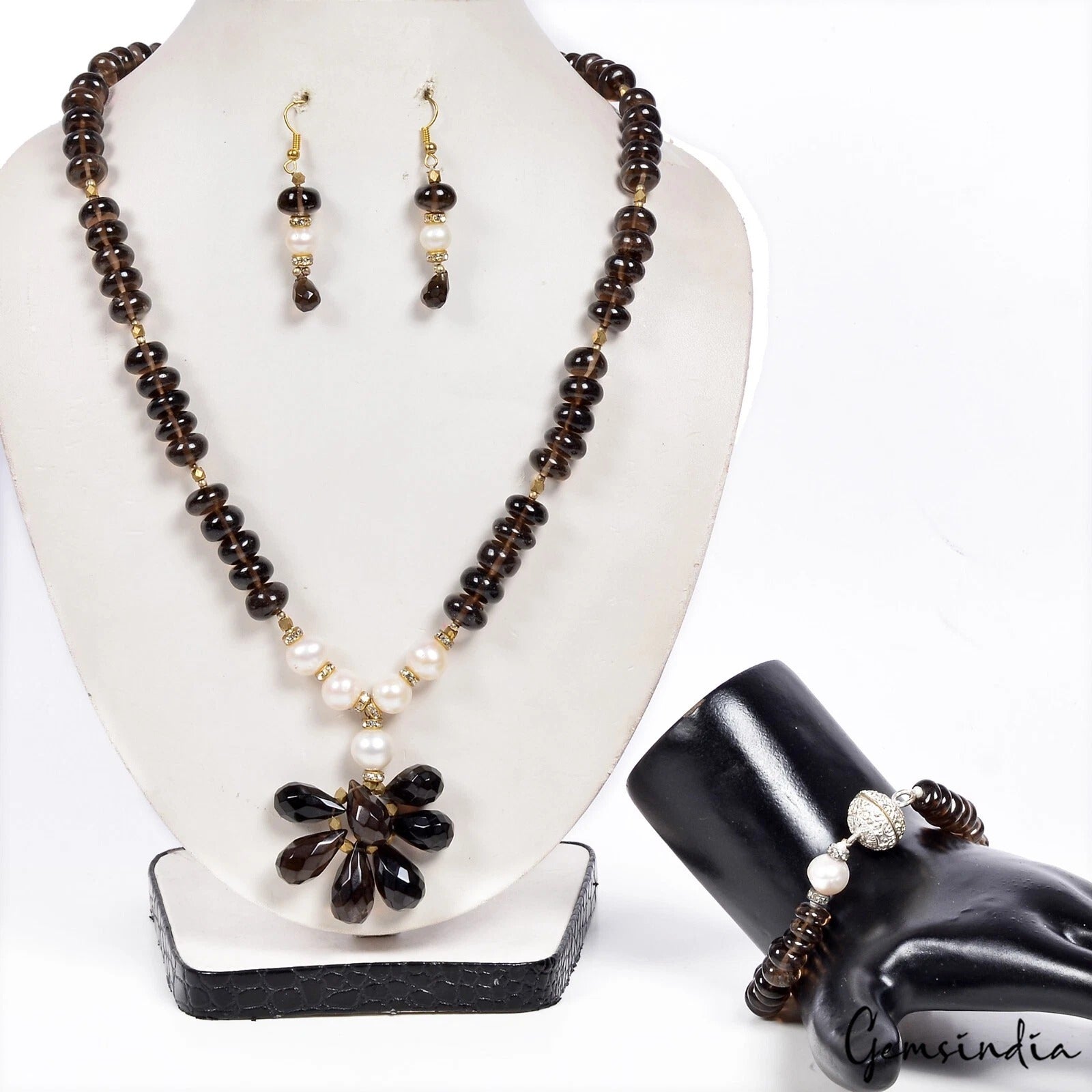 624 Cts Natural Brown Smoky Quartz Pearl Bead Handmade Necklace Bracelet Earring
