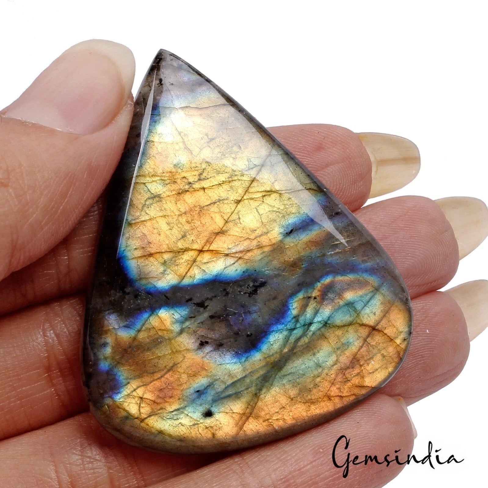 Certified 127.20 Ct Natural Untreated Peach Blue Shine Labradorite Pear Gemstone