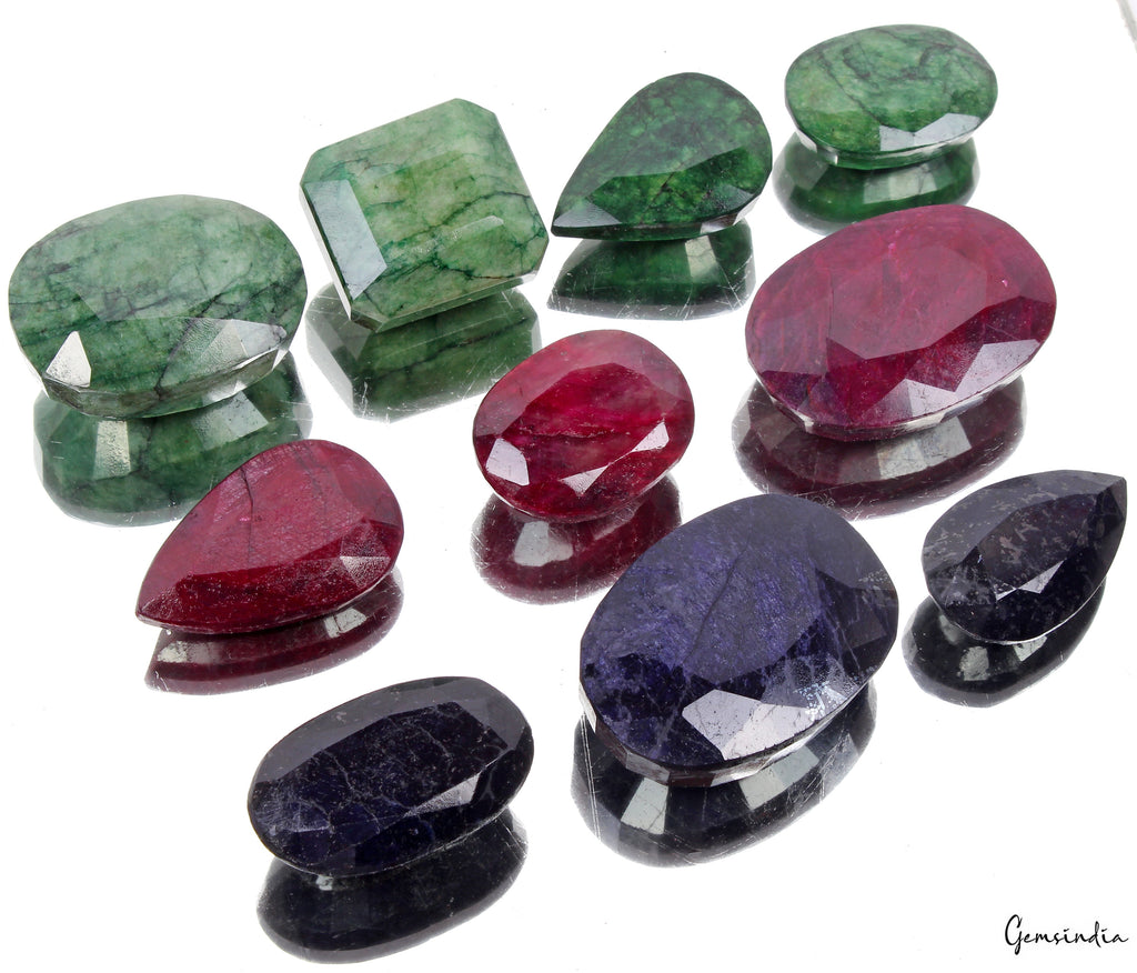 Natural 5000 Ct/10 Pcs Ruby Emerald & Sapphire Mix Shape Loose Gemstones 48-70mm