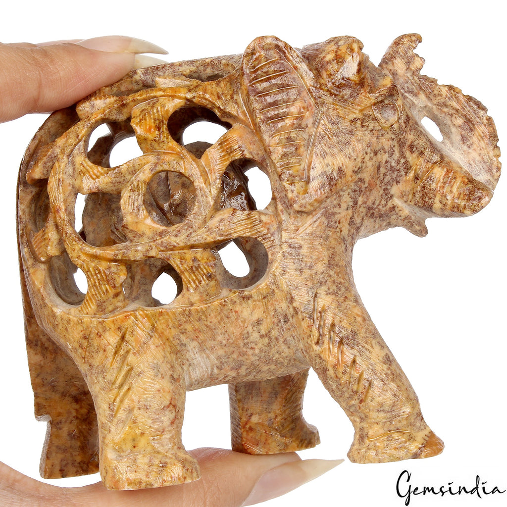 1490 Ct Soapstone Hand Carved Elephant With Baby Double Elephant Figurine Gems