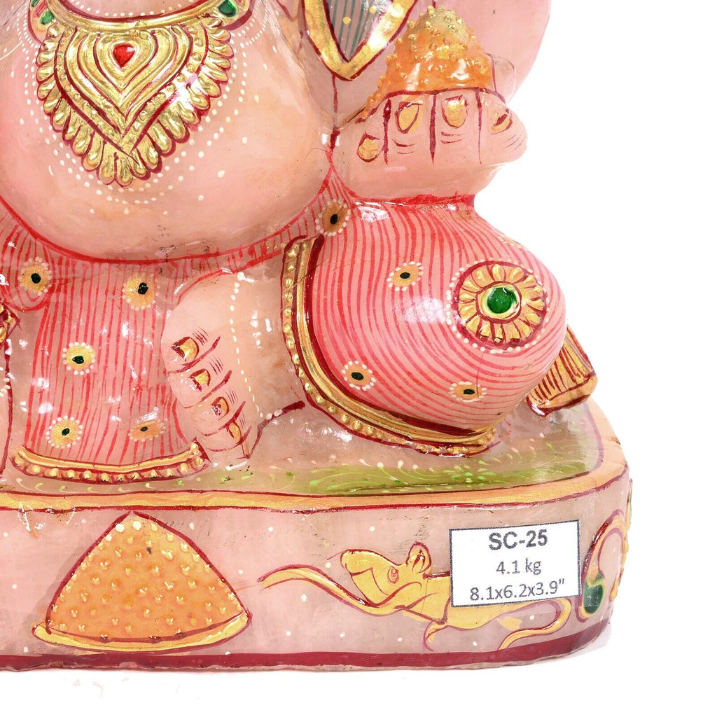 Rose Quartz Ganesha Figurine, Untreated, Gold — 8.1x6.2x3.9 Inches, 4.1 Kg