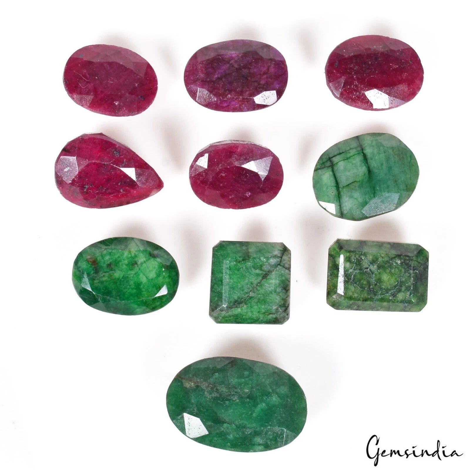 380 Cts/10 Pcs Natural Red Ruby Green Emerald Mixed Cut Loose Wholesale Gems Lot
