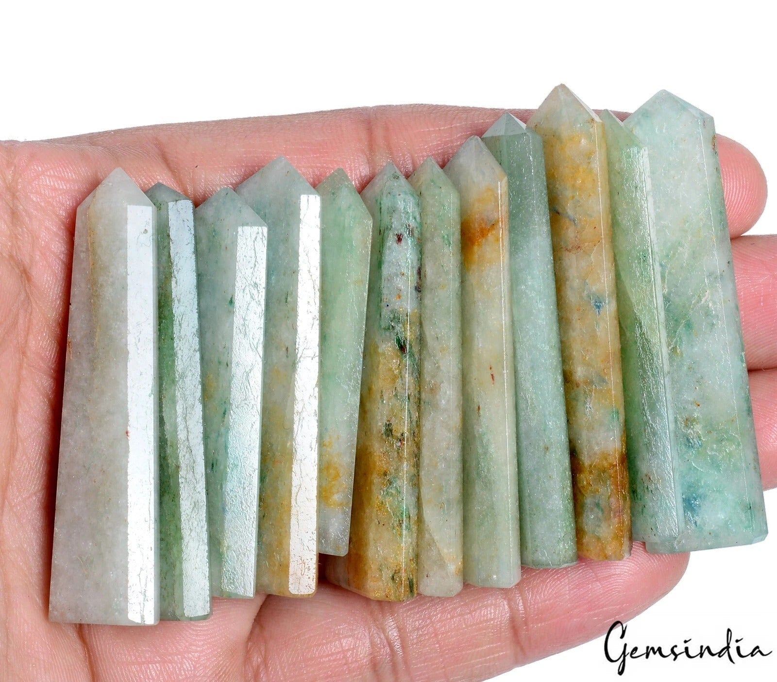 550 Cts/12 pcs Natural Green Aventurine Quartz Obelisk Crystal Wand Point Gems