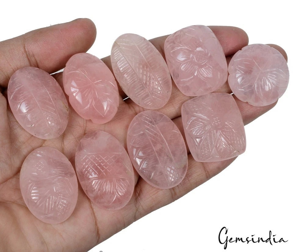 660 Ct/9 Pcs Natural Untreated Pink Rose Quartz Hand Carved Gems Lot For Jewelry