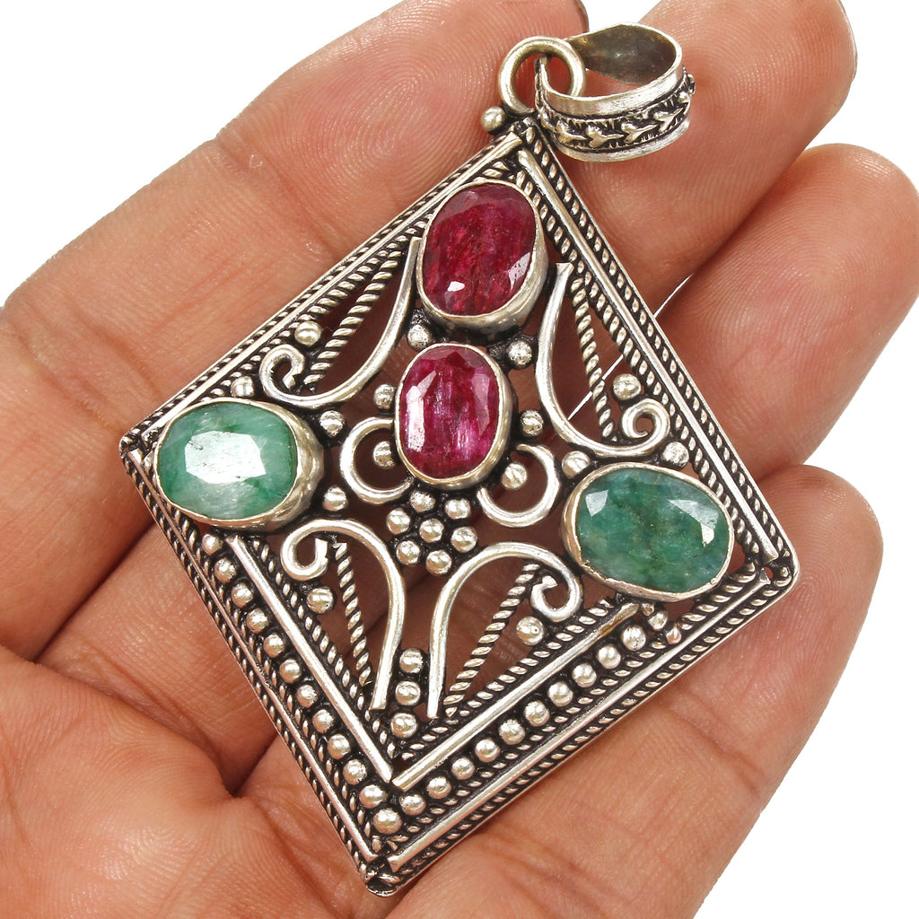 21.20gm Multi Gems Hand Crafted German Silver Pendant Women Jewelry 3 inch