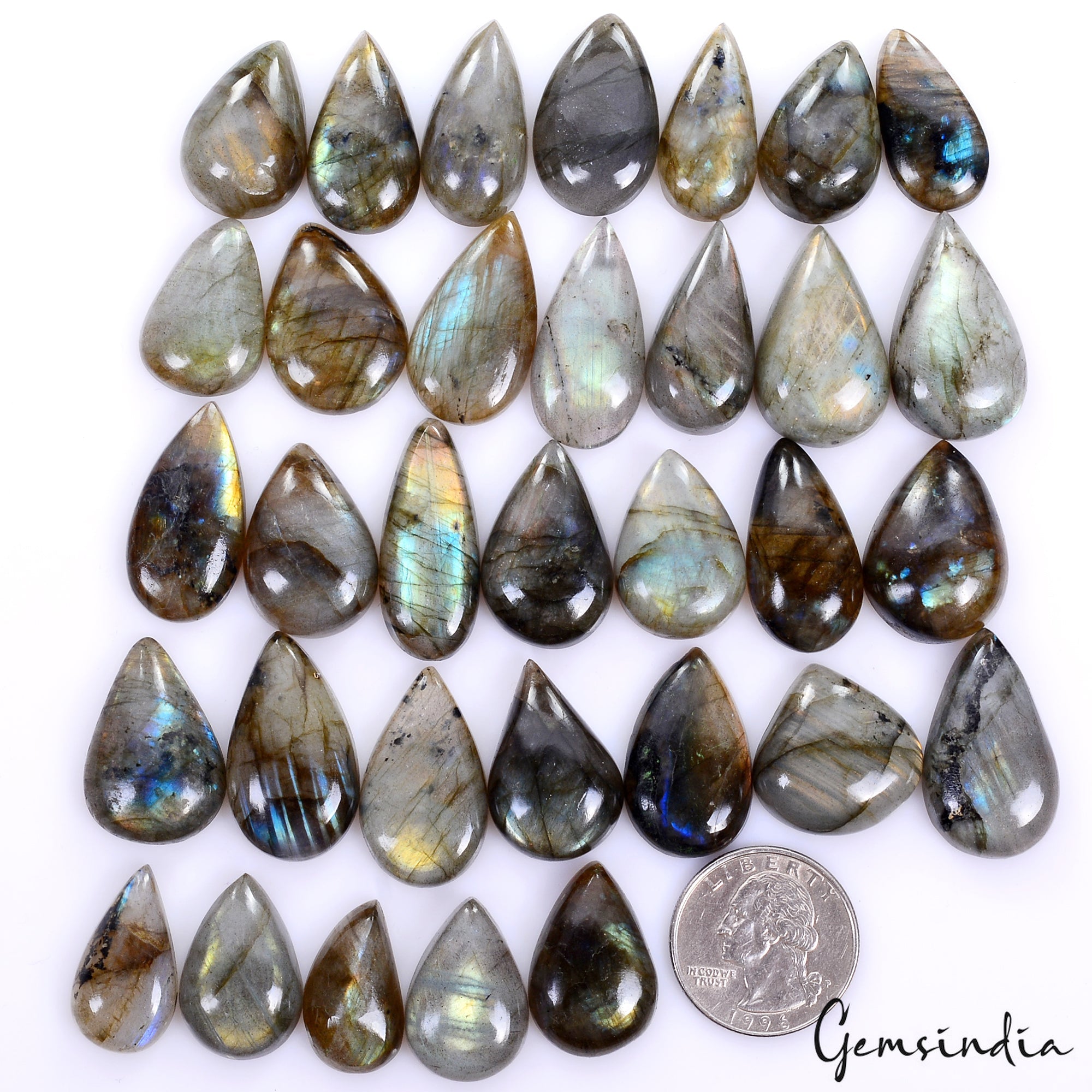 33 Pc Natural Labradorite Multi Fire 22mm-31mm Pear Cabochon Loose Gemstones Lot