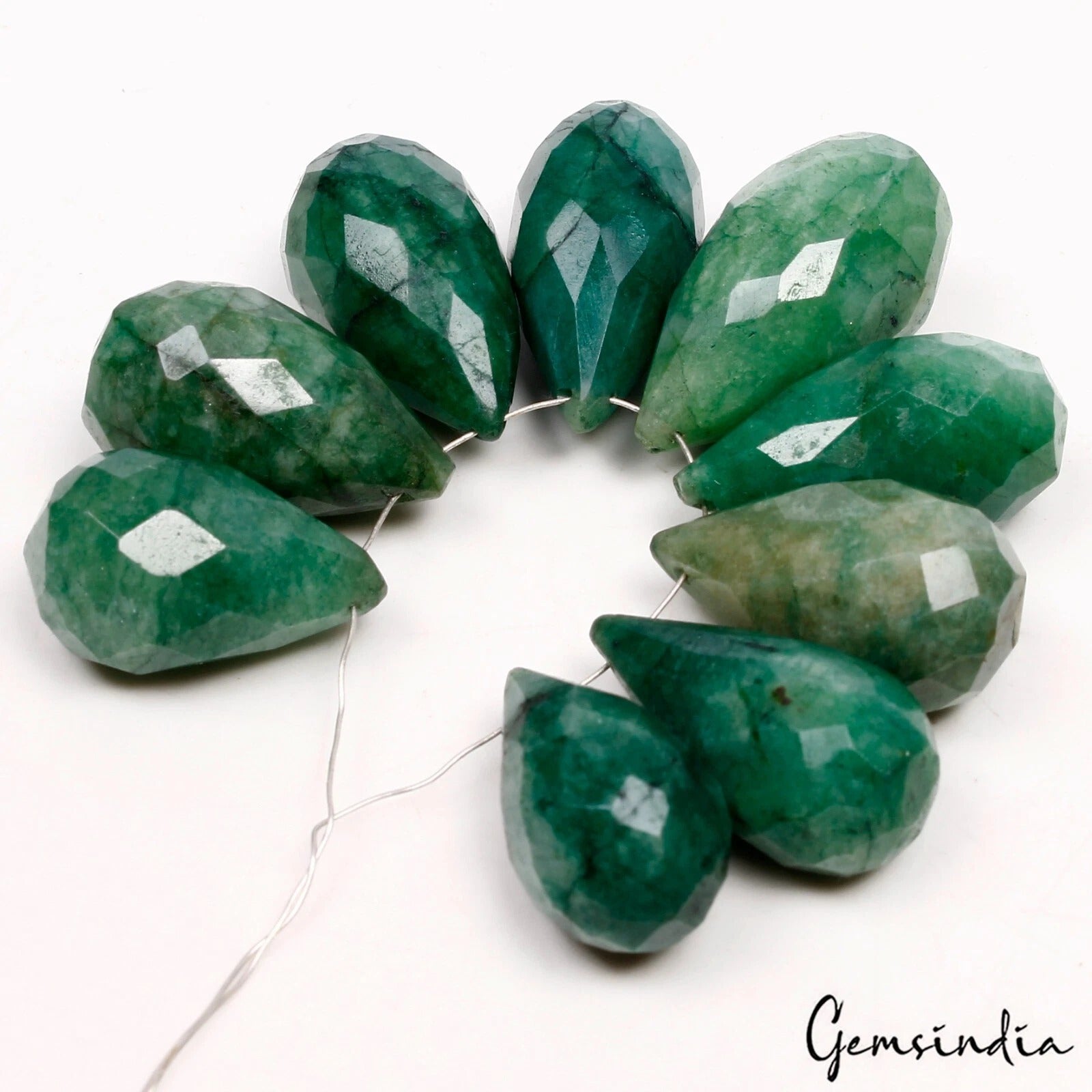 9 Pcs Natural Emerald 22mm-29mm Checker Cut Drilled Briolettes Loose Gemstones