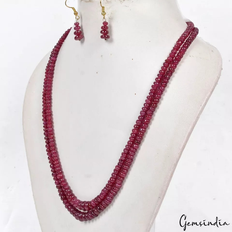 289+Ct Natural Red Ruby Round Beaded Handmade Double Strand Necklace & Earring