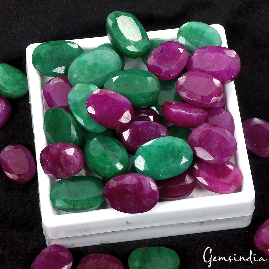 1000Ct/40Pcs Natural Red Beryl/Green Emerald Oval Cut Loose Gems Lot For Jewelry