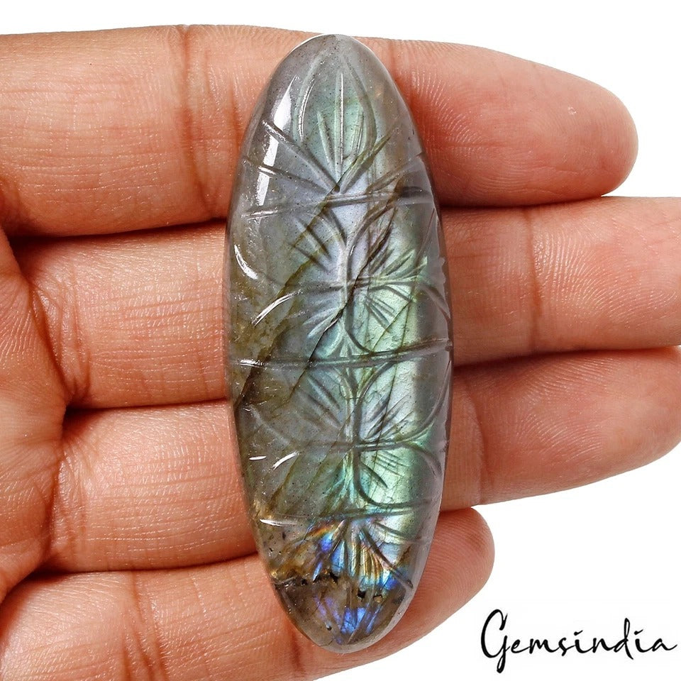 137.80 Cts Natural Green Blue Shine Labradorite Oval Shape Hand Carving Gemstone
