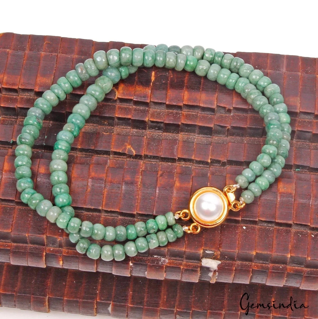 79 Ct Natural Green Emerald Round Beaded 2 Strand Bracelet 7.5" Slide Pearl Lock