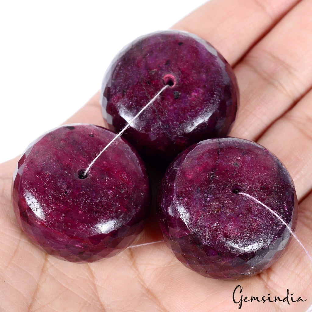 830 Cts/3 Pcs Natural Red Ruby Round Checker Cut Loose Drilled Huge Beads Lot