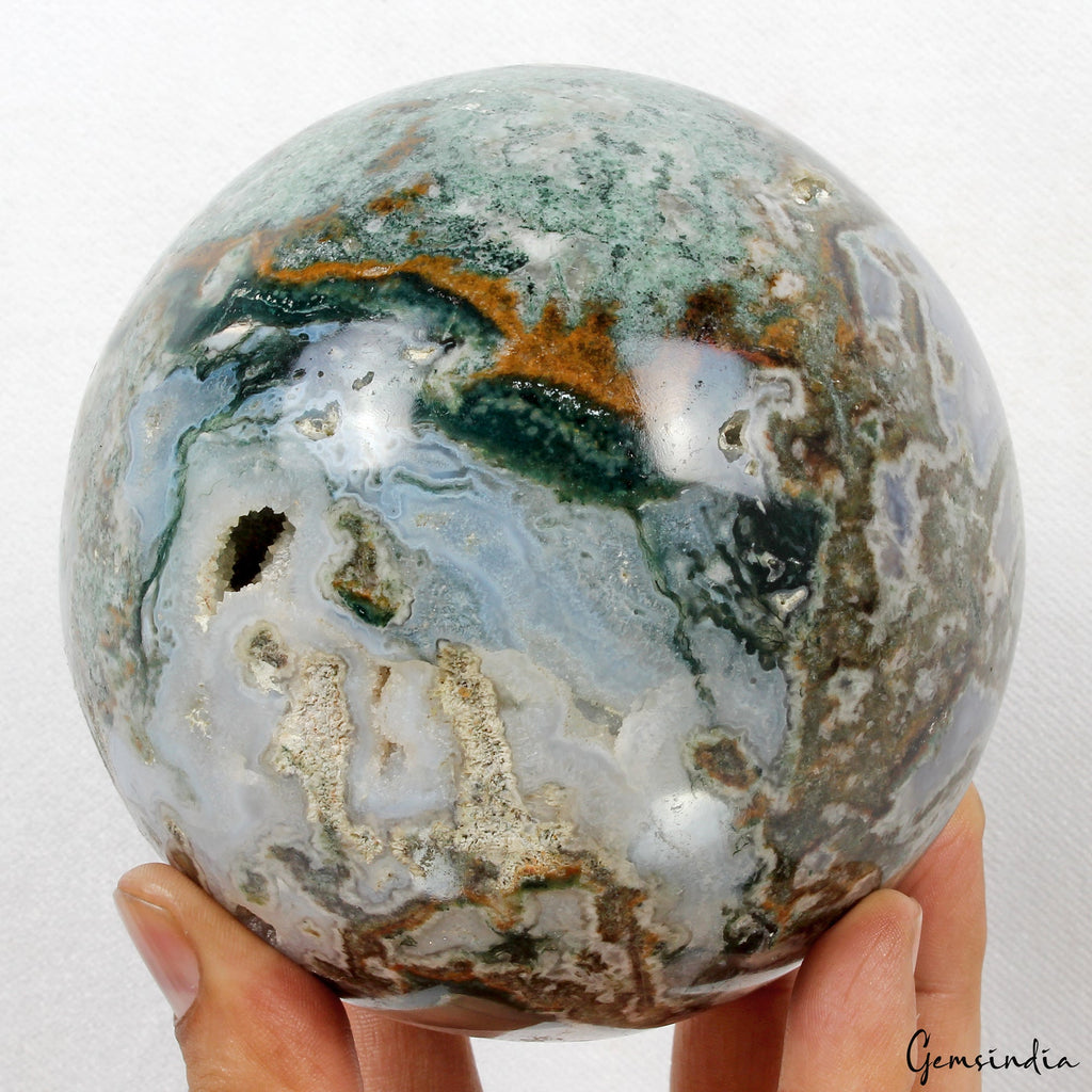 4.25 in Large Natural Moss Agate Geode Druzy Sphere Quartz Crystal Ball Healing