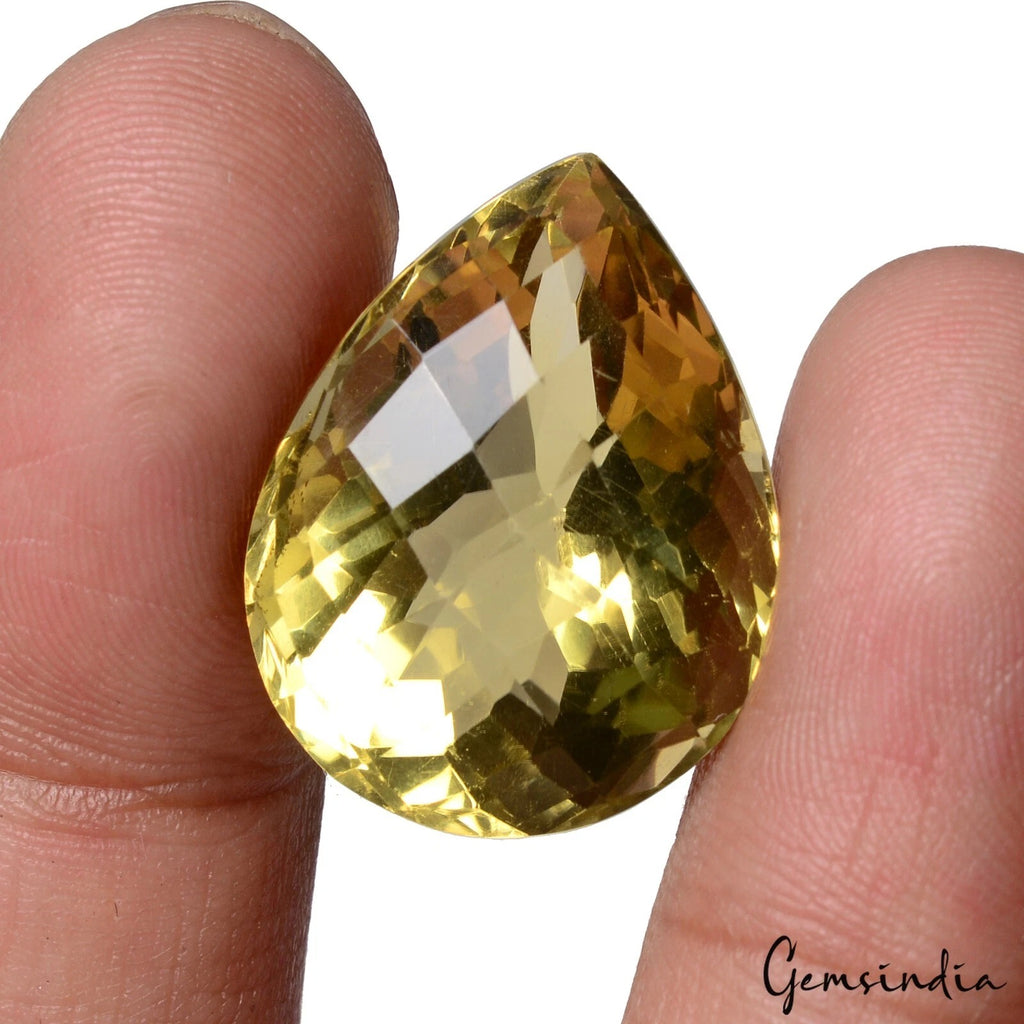 Citrine Loose Gemstone, Pear Checker Cut, Yellow — 25x19x14 mm, 33.10 Ct, Brazil