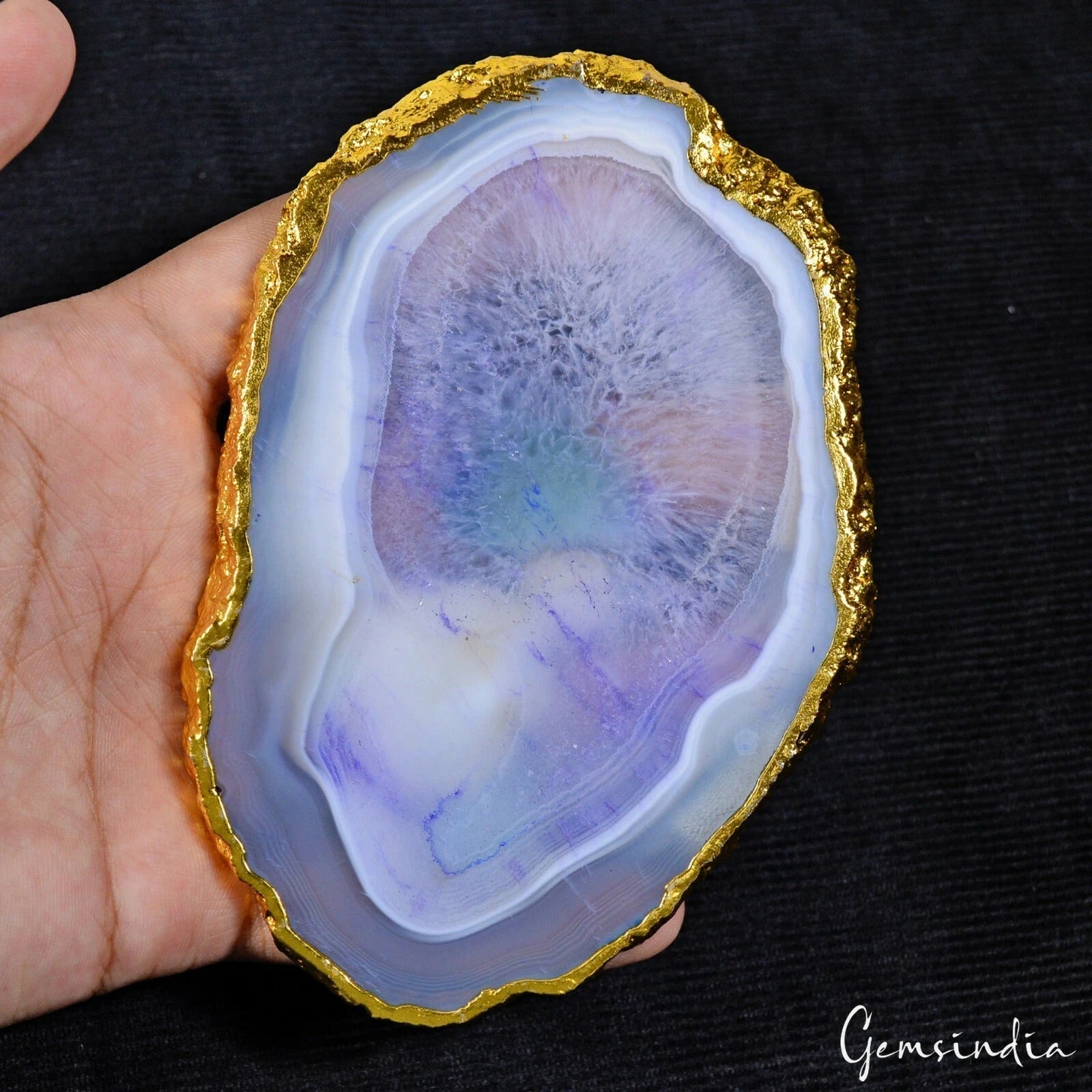 600 Ct Natural Untreated Multicolor Onyx Slice Agate Gold Plated Loose Gemstone