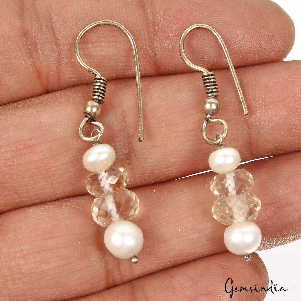20.40 Cts Natural Citrine & Pearl Gems Drop/Dangle Earring 1.7" Christmas Sale