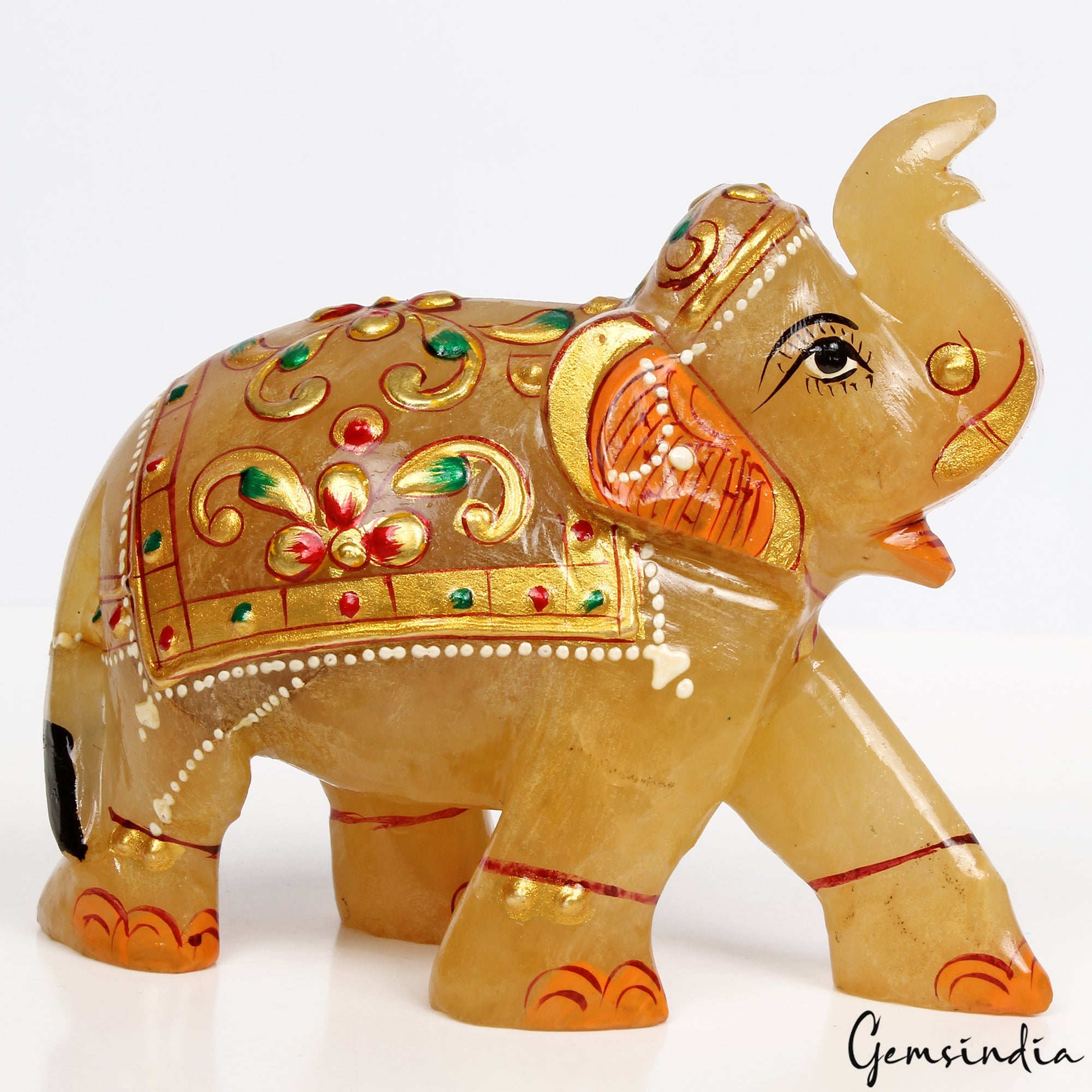 Hand Crafted 1200 Ct Gold Painted Trunk Up Elephant Natural Aventurine Sculpture