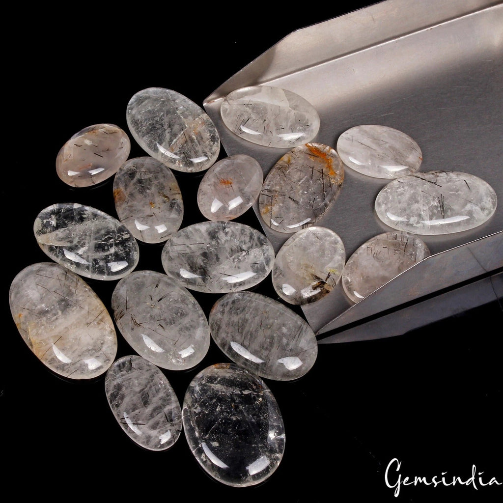 600 Ct/17 Pcs Natural Untreated Black Rutile Quartz Mix Cab Gems Lot For Jewelry