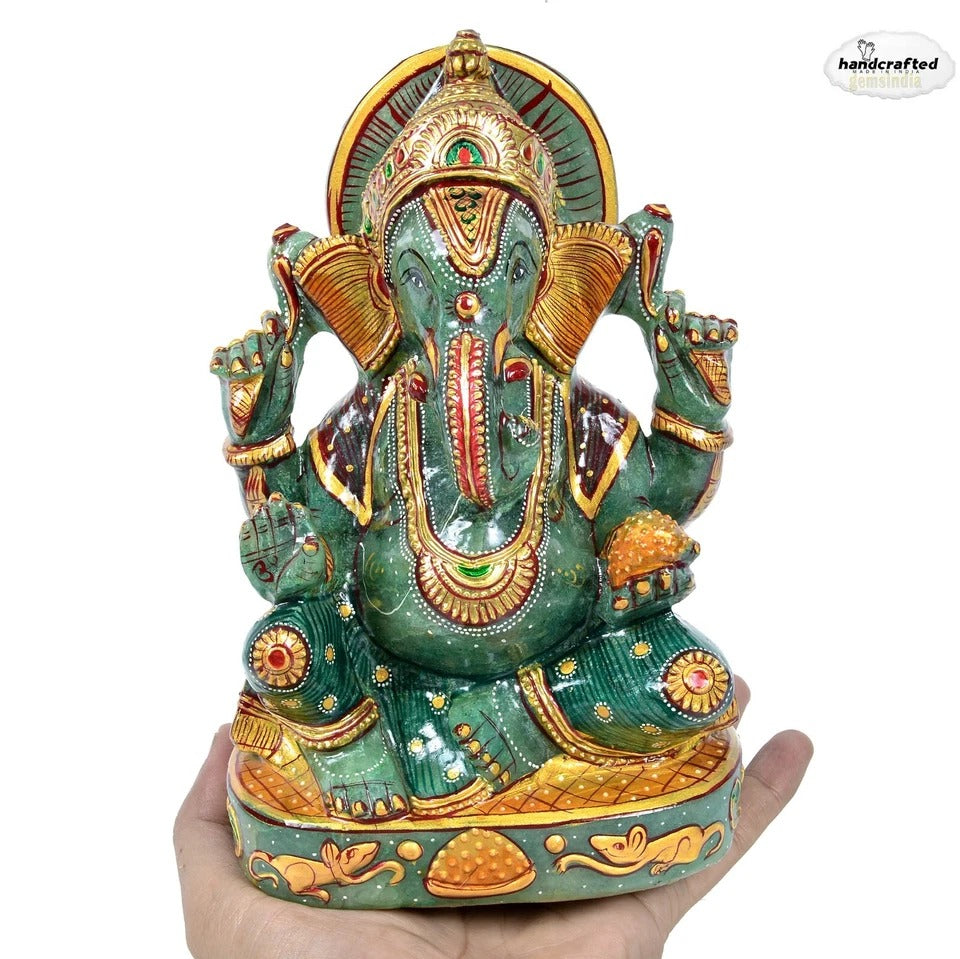 Handcrafted 2.5 Kg Green Aventurine Ganesha Statue Hand-Painted Spiritual Decor