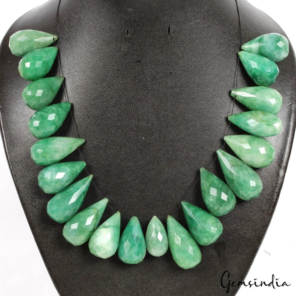 Natural 1020 Cts Green Emerald Pear Checker Cut Beads/Briolette Loose Gemstone