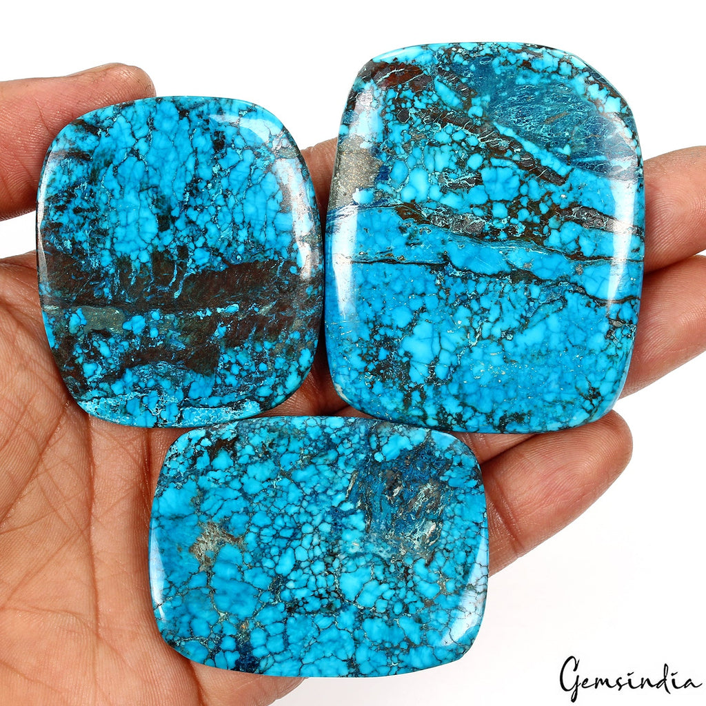 570 Ct/3 Pcs Natural Spiderweb Blue Turquoise Cushion Cabochon Loose Gemstones