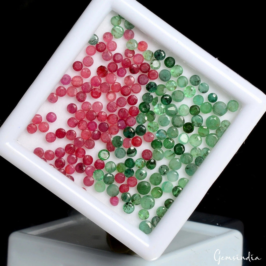 2-3mm Round Cut Natural Emerald Ruby Loose Jewelry Kind Gemstones~ 22 Ct/200 Pcs