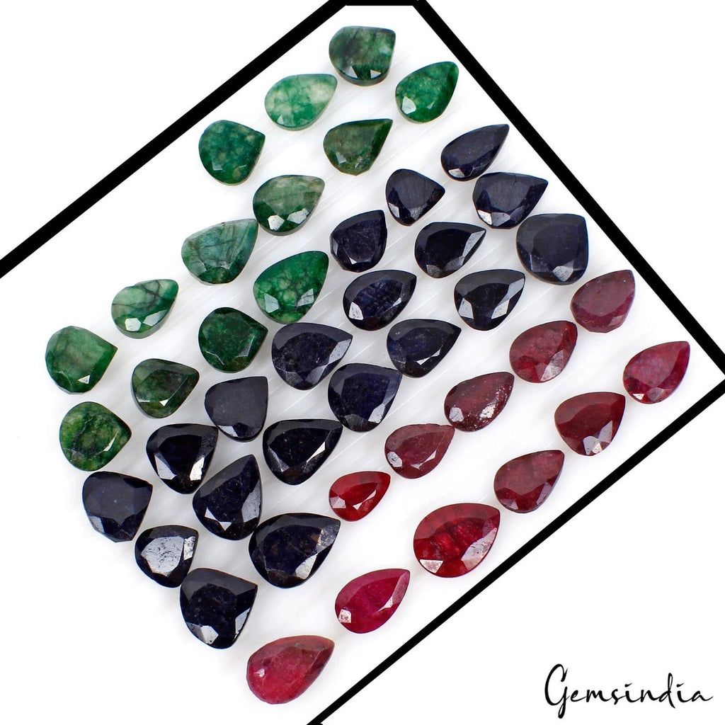 600 Ct Natural Ruby Emerald Sapphire Pear Faceted Wholesale Gemstone Lot 43 Pcs