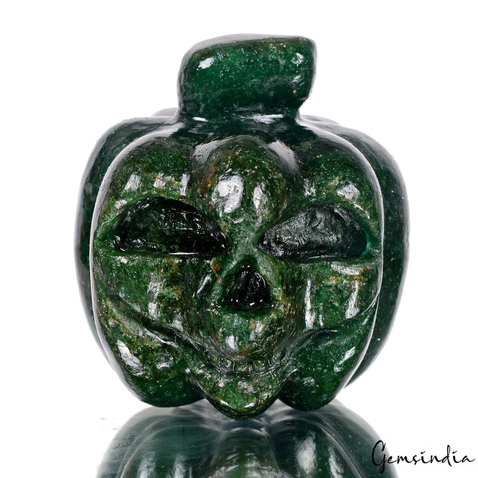 950 Ct Green Aventurine Pumpkin Jack O' Lantern Carved Gemstone Decor Sculpture