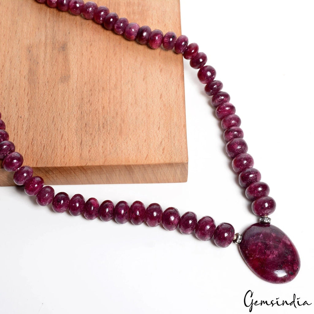 560 Cts Natural Dark Red Ruby Gems Round Cab Beaded Handmade Necklace 20" Long