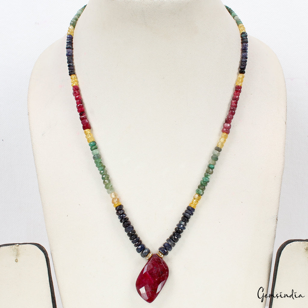 One Strand Natural Emerald Ruby Sapphire Necklace Faceted Beads w/Ruby Briolette